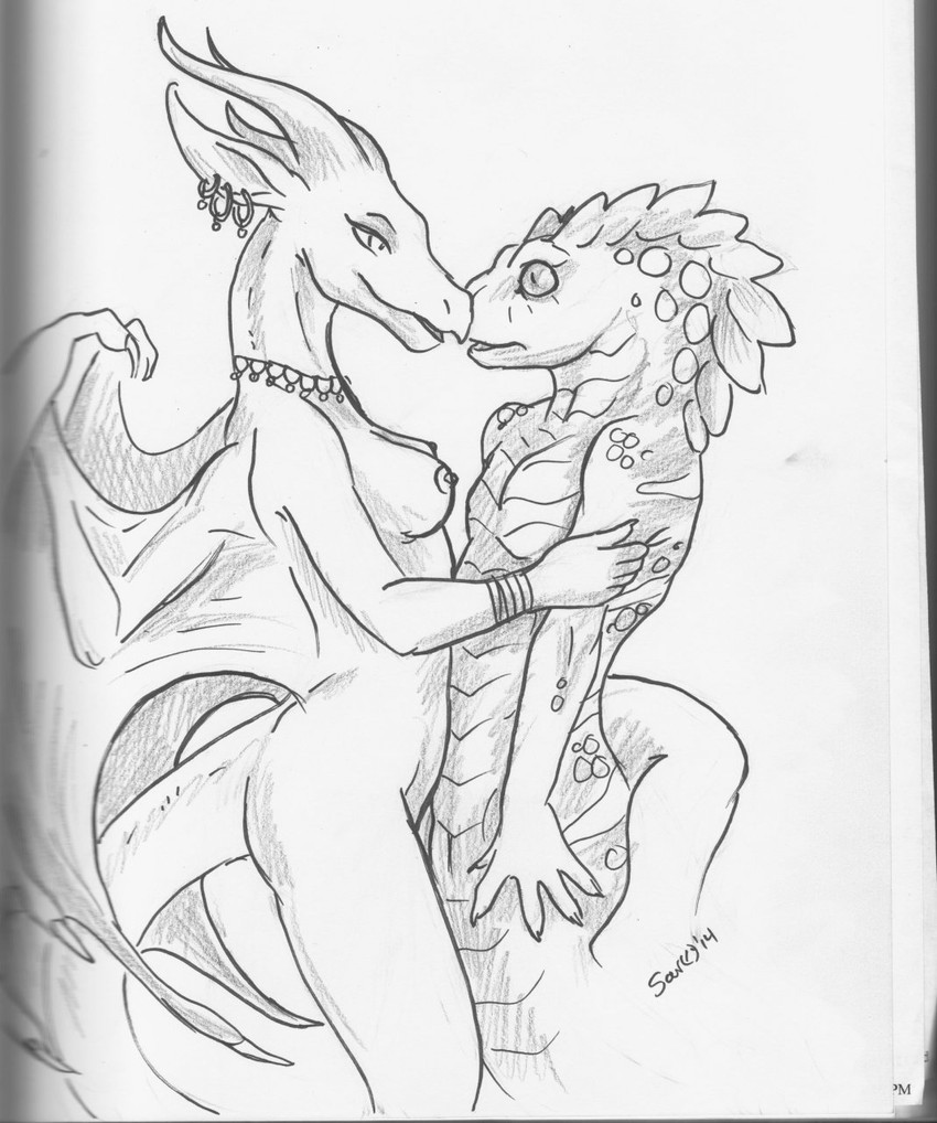 animal_genitalia anthro apode areola bracelet breasts dragon_tail duo ear_piercing ear_ring female genital_slit genitals horn jewelry legless male male/female markings membrane_(anatomy) membranous_wings necklace necklace_only nipples non-mammal_breasts non-mammal_nipples nose_to_nose nude nude_anthro nude_female nude_male open_mouth piercing ring_piercing scales serpentine simple_background smile snake_hood tail wings caribou_(artist) mythology aleshia_(bahumot) ophius_(bahumot) cobra draconcopode dragon mythological_creature mythological_scalie naga reptile scalie snake hi_res monochrome traditional_media_(artwork)