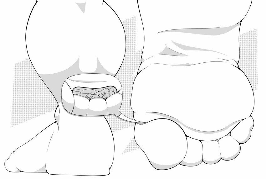 5_toes ambiguous_gender anthro duo feet macro micro squeezing toes wedged giantboonehusky_(artist) huck_(darkhero18) bovid bovine cattle mammal hi_res monochrome