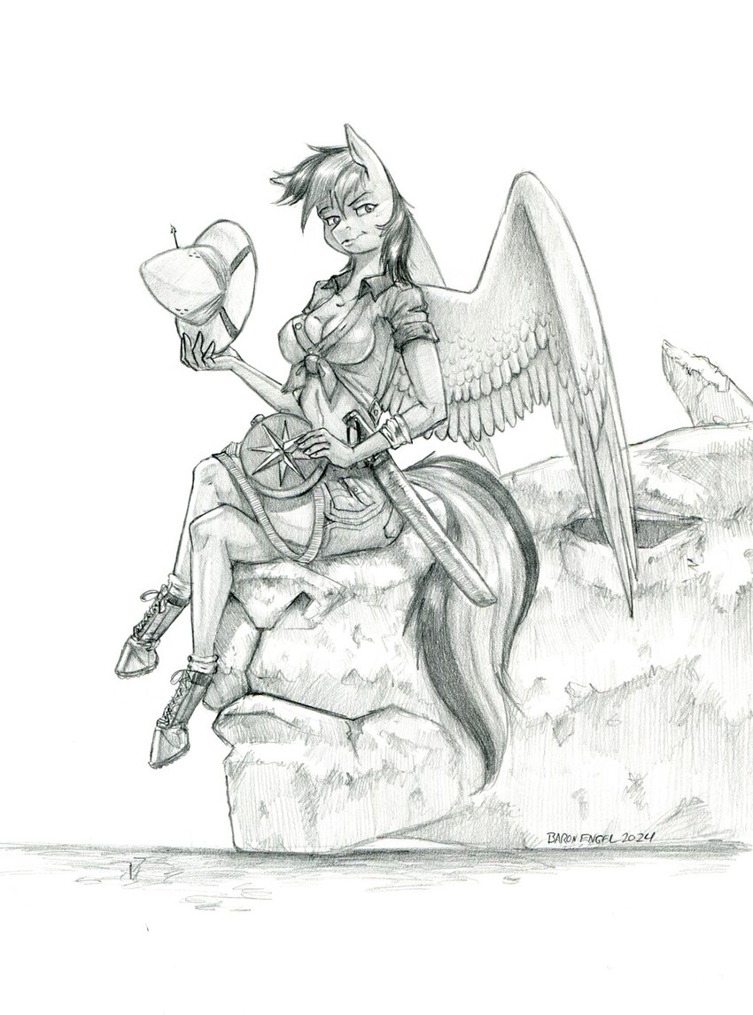 anthro anthrofied armor bottomwear breasts cleavage clothed clothing feathered_wings feathers female fur hair headgear helmet machete melee_weapon pith_helmet shorts solo weapon wings baron_engel friendship_is_magic hasbro my_little_pony mythology daring_do_(mlp) equid equine mammal mythological_creature mythological_equine pegasus 2024 hi_res