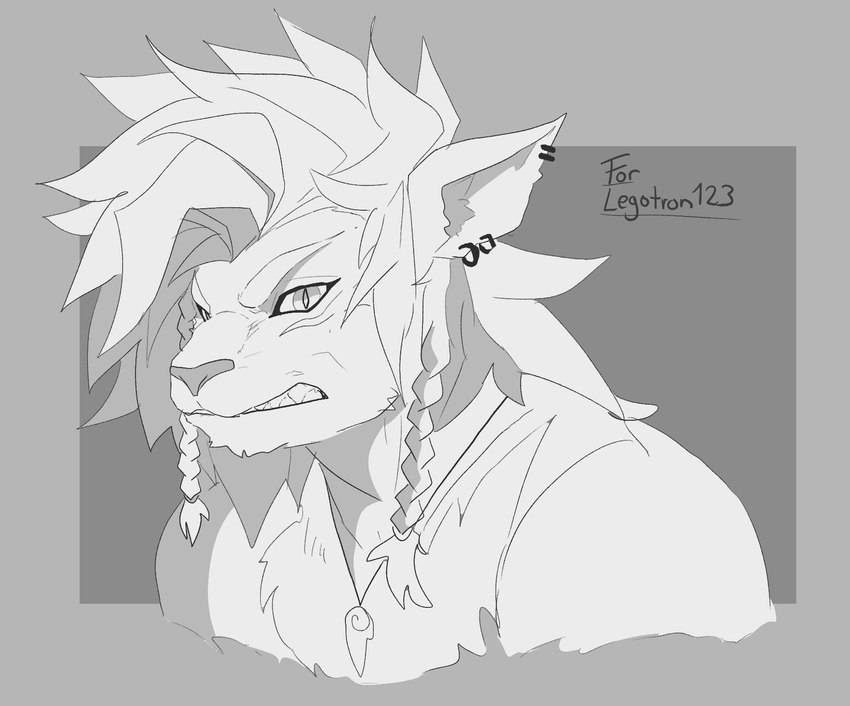 anthro braided_hair ear_piercing ear_ring hair jewelry looking_at_viewer male necklace piercing ring_piercing sharp_teeth snarling solo teeth shenpai voxer_(shenpai) felid feline mammal bust_portrait greyscale hi_res monochrome portrait