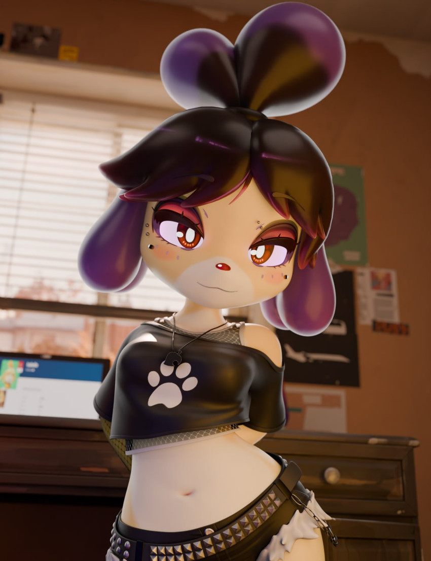 alternative_fashion anthro belt black_bottomwear black_clothing black_hair black_shirt black_shorts black_topwear blurred_background blush blush_stickers bottomwear breasts chain cheek_piercing clothing dutch_angle eyebrow_piercing eyeshadow facial_piercing female fishnet_clothing fishnet_topwear footprint glistening glistening_clothing glistening_hair glistening_shirt glistening_topwear goth hair hands_behind_back hotpants inside jewelry looking_at_viewer makeup medium_breasts midriff navel necklace pawprint piercing pupils purple_hair red_eyes red_eyeshadow red_nose shirt shorts shortstack shortstack_female smile smiling_at_viewer solo topwear white_pupils wide_hips yellow_body rosoero zy0n7_(modeler) animal_crossing nintendo gothabelle isabelle_(animal_crossing) canid canine canis domestic_dog mammal shih_tzu toy_dog 3d_(artwork) digital_media_(artwork) hi_res