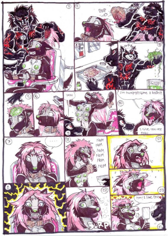 anthro autocannibalism brain brain_eating brain_vore breasts cannibalism dialogue duo ear_piercing eating empty_skull exposed_brain eye_bulge female gore green_eyes hair heart_symbol heterochromia male mirror open_skull organ_removal organs piercing pink_eyes pink_hair prehensile_eyes surgical_operation text what what_has_science_done mariano zhiral canid canine canis domestic_dog mammal comic english_text hi_res marker_(artwork) traditional_media_(artwork)