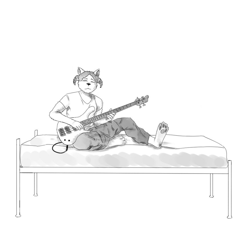 anthro bass_guitar bed clothing digitigrade furniture guitar male musical_instrument on_bed pajamas paws playing_bass playing_guitar playing_music plucked_string_instrument solo string_instrument drills_out azariah_(drills_out) bovid caprine felid feline goat hybrid mammal 1:1 digital_media_(artwork) monochrome