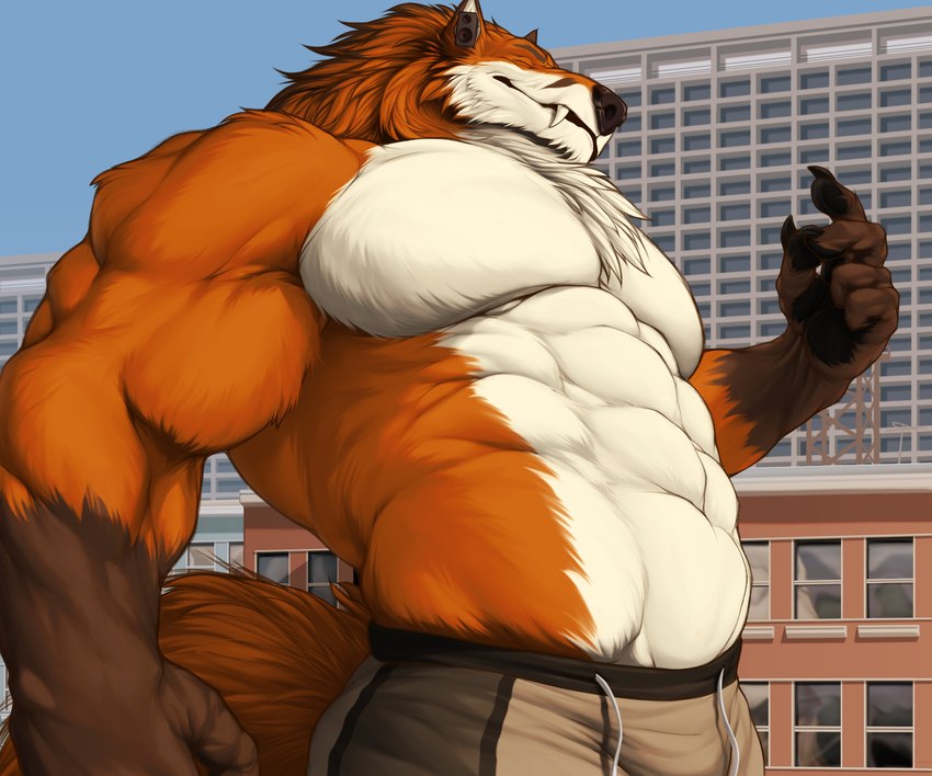 5_fingers abs anthro biceps black_pawpads bottomwear brown_markings building chest_tuft city claws clothed clothing countershade_torso countershading eyes_closed fangs finger_claws fingerpads fingers fur fur_markings gloves_(marking) listening_to_music macro male markings muscular muscular_anthro muscular_male orange_body orange_fur pants pants_only pawpads pecs sabertooth_(anatomy) solo speaker tail teeth topless topless_male tuft white_body white_countershading allandox andy_renard canid canine fox mammal red_fox true_fox absurd_res hi_res