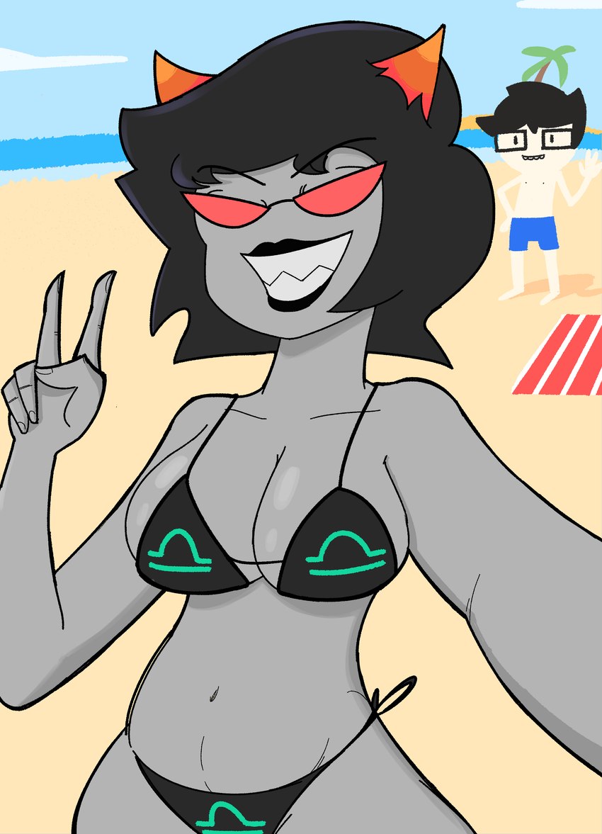 beach big_breasts bikini breasts cleavage clothed clothing duo eyewear female gesture glasses grin hand_gesture horn looking_at_viewer male not_furry outside seaside selfie sharp_teeth smile swimwear teeth two-piece_swimsuit v_sign moxydamon homestuck ms_paint_adventures john_egbert terezi_pyrope alien human humanoid mammal troll_(homestuck) absurd_res hi_res