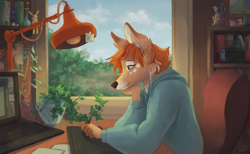 ambiguous_gender anthro chair computer desk drawing drawing_tablet earbuds electronics fur furniture headphones laptop lo-fi markings office office_chair plant solo spots spotted_markings table tan_body tan_fur cinnamomo nintendo nintendo_switch lofi_hip_hop_radio_girl canid canine canis mammal wolf absurd_res digital_media_(artwork) digital_painting_(artwork) hi_res painting_(artwork)