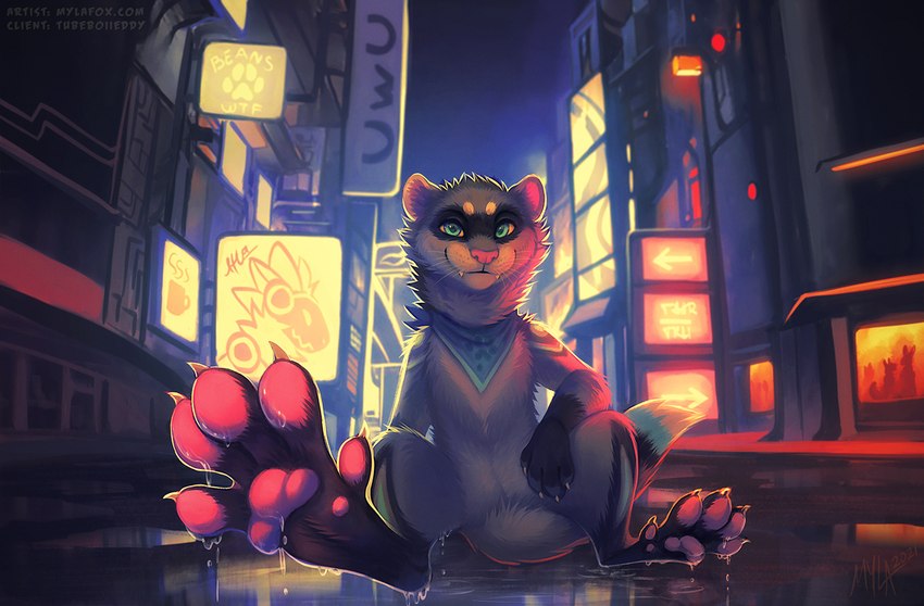 city fangs feet foot_focus fur looking_at_viewer male semi-anthro sitting smile solo teeth mylafox tubeboiieddy domestic_ferret mammal mustelid musteline true_musteline weasel 2022