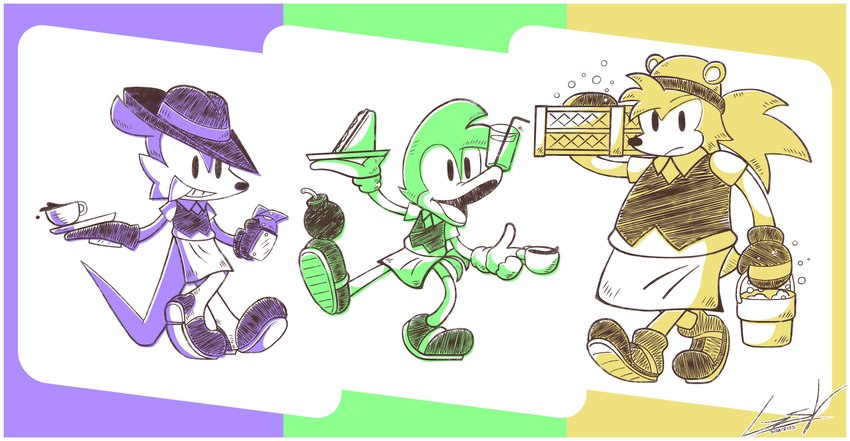 anthro apron beak beverage biped bomb boots border bucket clothed clothing coffee coffee_cup container cup explosives fangs feathers food footwear fur gloves green_body green_feathers group handwear hat headgear headwear male purple_body purple_fur sandwich_(food) shoes teeth trio white_border yellow_body yellow_fur gsvproductions sega sonic_the_hedgehog_(series) bark_the_polar_bear bean_the_dynamite fang_the_hunter avian bear bird dipodid jerboa mammal picid polar_bear rodent ursine woodpecker 2022 absurd_res full-length_portrait hi_res portrait signature