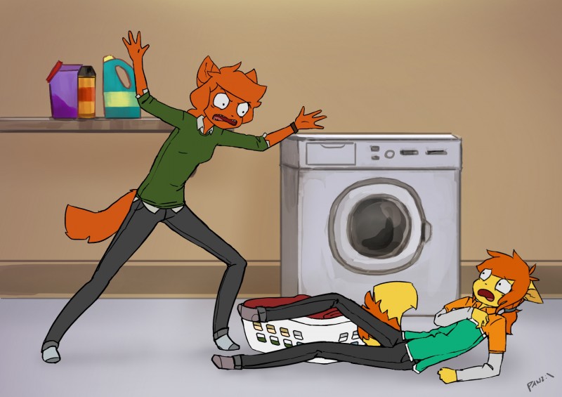 accessory anthro appliance clothed clothing duo female hair hair_accessory hair_tie inside laundry_machine lying on_back parody ponytail standing washing_machine panzery25 adult_swim cartoon_network rick_and_morty asper_(panzery25) eri_washington_(panzery25) canid canine fox mammal 2018 hi_res signature