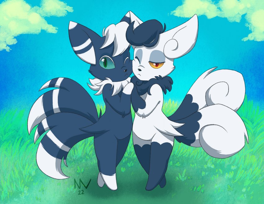 2_tails ambiguous_gender blue_sky duo female feral grass_field group hand_holding looking_at_viewer male male/female multi_tail sky tail nullenv nintendo pokemon espurr generation_6_pokemon meowstic pokemon_(species) absurd_res hi_res