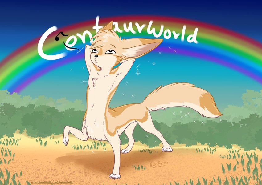 ambiguous_gender fur grass plant rainbow solo tan_body tan_fur whistling rukifox ruki_(rukifox) canid canid_taur canine canine_taur fennec_fox fennec_fox_taur fox fox_taur mammal mammal_taur taur true_fox