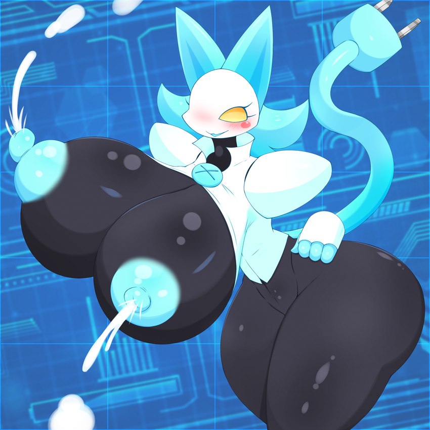 areola big_breasts big_butt black_body blue_nipples blueprint_background blush blush_stickers bodily_fluids breasts butt female huge_breasts huge_butt huge_hips lactating milk nipples small_waist smile solo thick_thighs wasp_waist wide_hips yellow_eyes omenyanozero deltarune undertale_(series) tasque_manager darkner humanoid 1:1 absurd_res hi_res