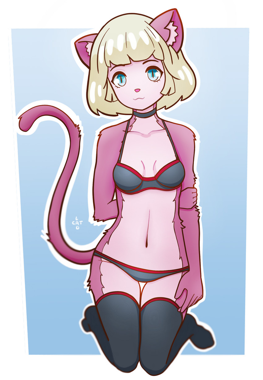 anthro blonde_hair blue_eyes blurred_background bra breasts cat_tail choker clothed clothing female fur hair jewelry kneeling legwear midriff navel necklace panties pink_body pink_fur pink_nose pupils shy simple_background slim slit_pupils small_breasts smile smiling_at_viewer solo thigh_gap thigh_highs underwear catlad domestic_cat felid feline felis mammal absurd_res hi_res