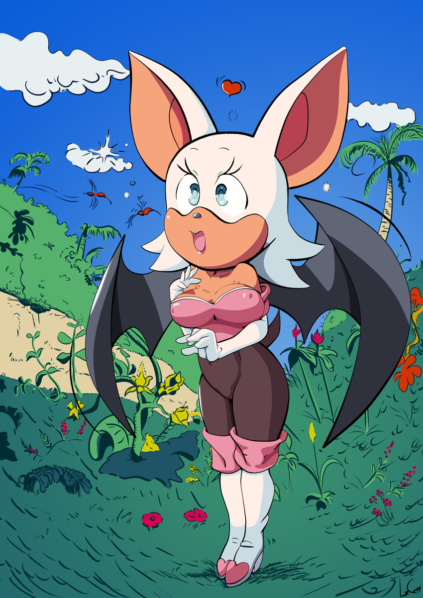 anthro bat_wings big_breasts black_clothing blue_eyes blue_sky boots breasts cleavage clothed clothing cloud female flower footwear fur gloves handwear heart_symbol membrane_(anatomy) membranous_wings nipple_outline open_mouth palm_tree pink_clothing plant shoes sky solo standing tan_body tan_skin tree white_body white_fur wings lecerf sega sonic_the_hedgehog_(series) rouge_the_bat bat mammal 2020 absurd_res digital_drawing_(artwork) digital_media_(artwork) hi_res