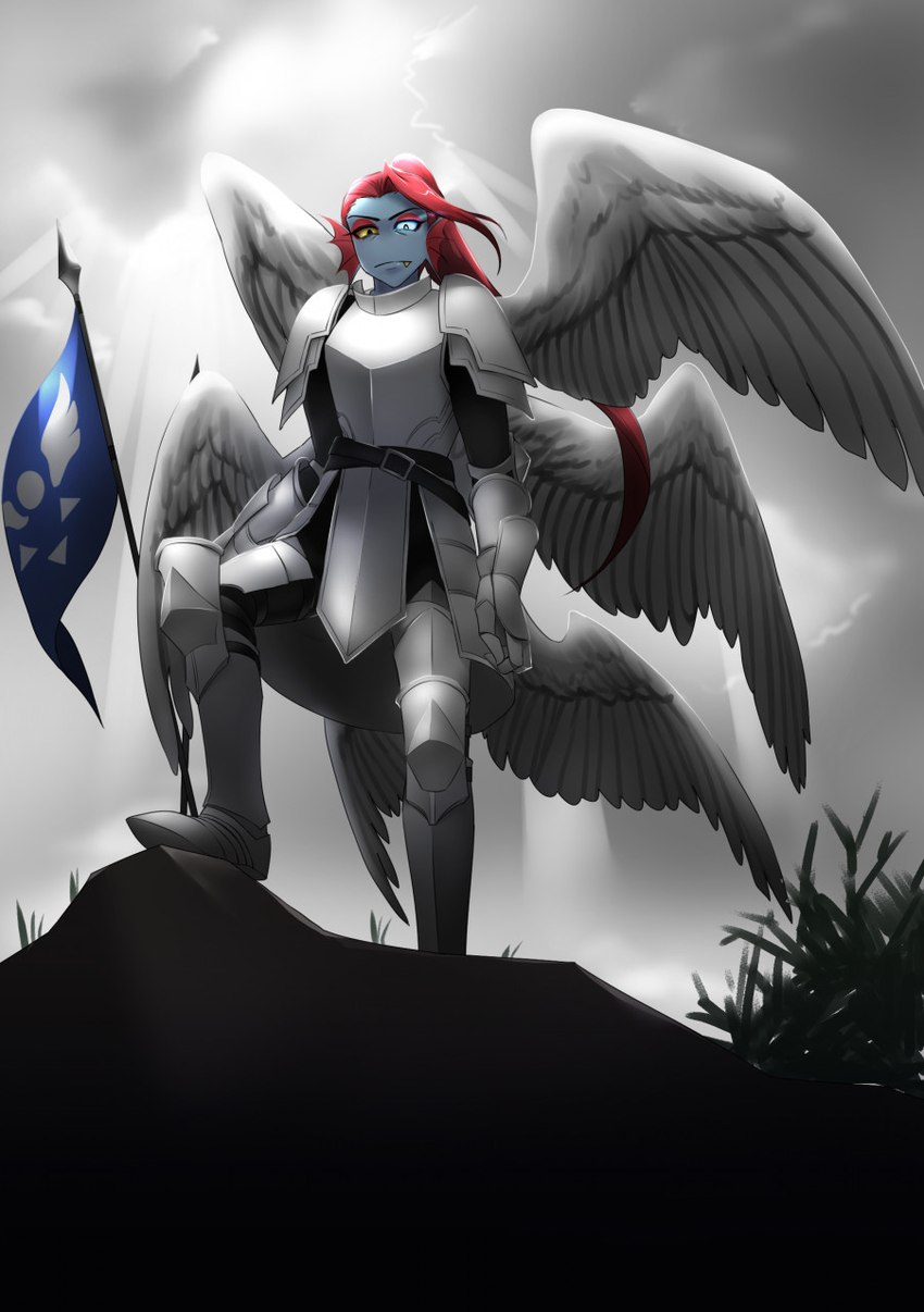 6_wings armor armored_boots armored_gloves belt feathered_wings feathers female finial flag flag_(object) heterochromia looking_at_viewer multi_wing on_rock rock sky solo standing step_pose wings torotale undertale undertale_(series) undyne animal_humanoid fish fish_humanoid humanoid marine marine_humanoid hi_res