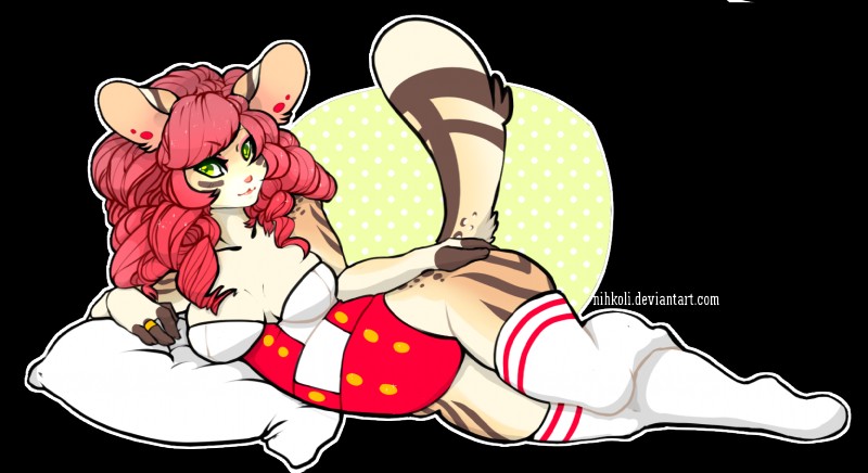 anthro clothed clothing female footwear hair legwear looking_at_viewer pillow smile socks solo thigh_highs thigh_socks wide_hips emberwood mammal alpha_channel hi_res