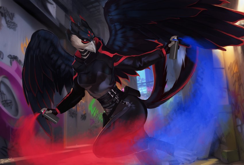 anthro black_body blue_paint clothed clothing detailed_background feathered_wings feathers female outside paint red_paint solo sportswear spray_paint street wings dimonis animal_humanoid avian avian_humanoid humanoid colored hi_res watermark