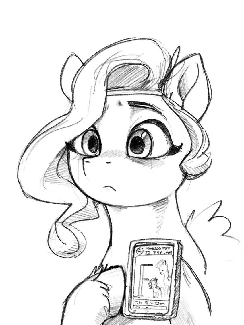 cellphone electronics female headpiece holding_object holding_phone hooves phone size_difference smartphone solo wings dimfann hasbro mlp_g5 my_little_pony mythology pipp_petals_(mlp) zipp_storm_(mlp) equid equine mammal mythological_creature mythological_equine pegasus 2021 3:4 hi_res monochrome sketch