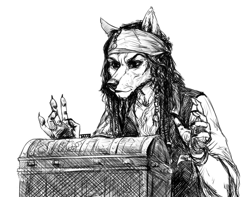 5_fingers anthro clothed clothing fingers hair male simple_background solo text white_background taurusart disney pirates_of_the_caribbean jack_sparrow canid canine mammal digital_media_(artwork) english_text hi_res monochrome