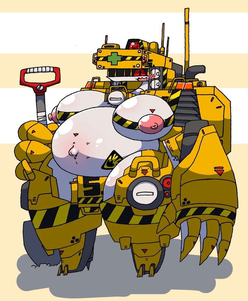 anthro areola backhoe_(vehicle) belly big_belly big_breasts biped black_body black_breasts blush blush_lines breast_markings breasts claws construction construction_equipment construction_vehicle excavator female green_body happy holding_object holding_shovel holding_tool huge_breasts huge_hips huge_thighs looking_at_viewer machine markings multicolored_body nipples open_mouth pink_areola pink_nipples puffy_areola puffy_nipples red_body red_eyes shovel slightly_chubby smile solo striped_body striped_breasts striped_markings stripes text thick_thighs tools white_body white_breasts wide_hips yellow_body yellow_breasts hage humanoid robot robot_humanoid 2020 hi_res