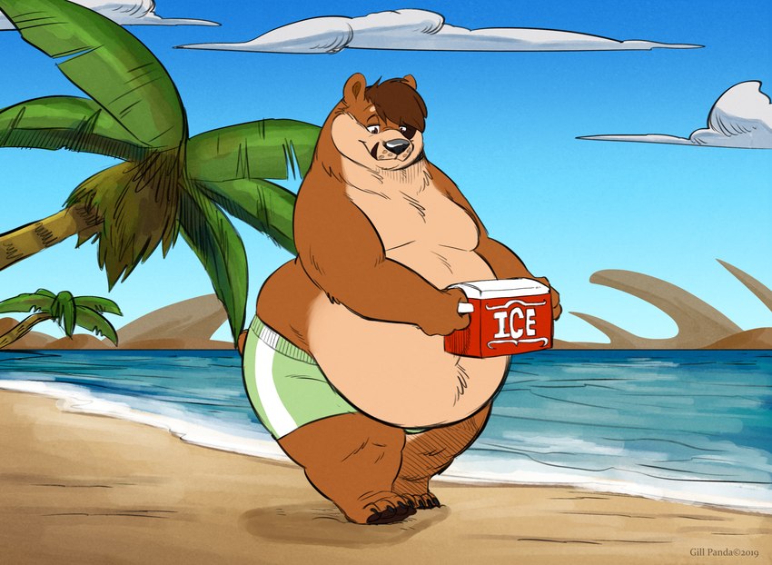 anthro beach belly claws clothing cloud cooler male overweight overweight_male palm_tree plant sand sea solo swimming_trunks swimwear thick_thighs tree water gillpanda bear mammal hi_res