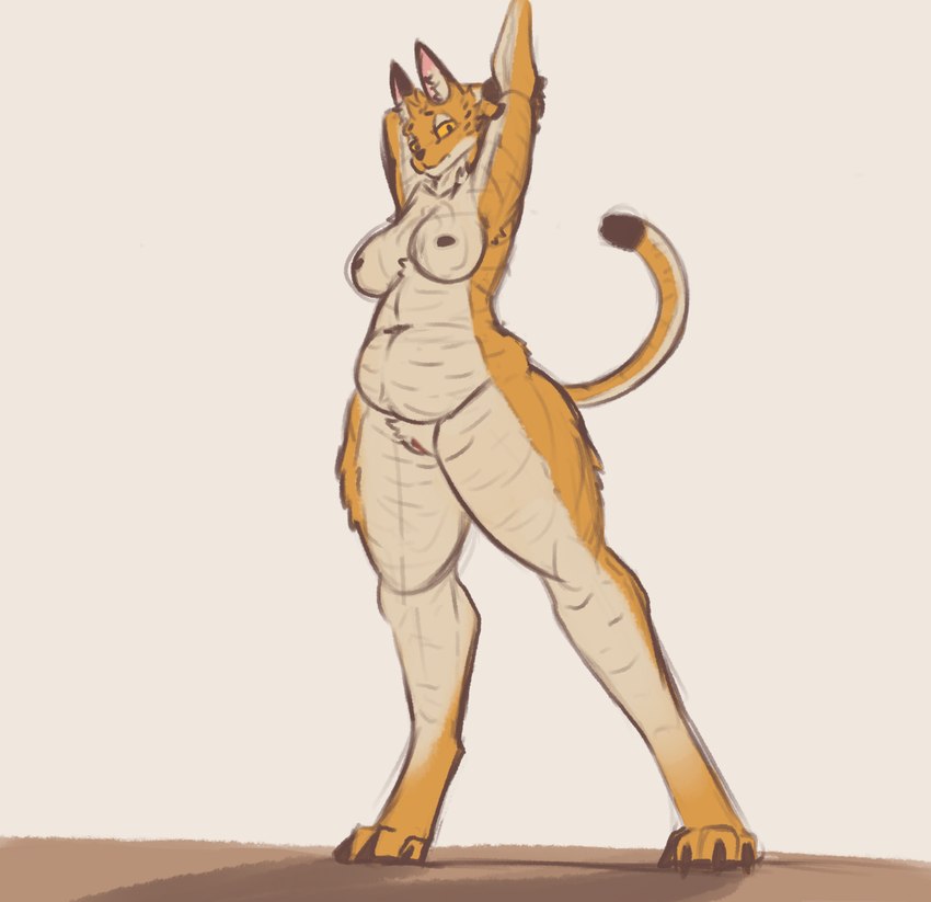 anthro breasts female genitals looking_at_viewer nipples nude nude_female overweight overweight_female pussy raised_arm shaded_sketch solo stretching thick_thighs asvenroc selene_(certifiedocto) felid feline mammal serval hi_res