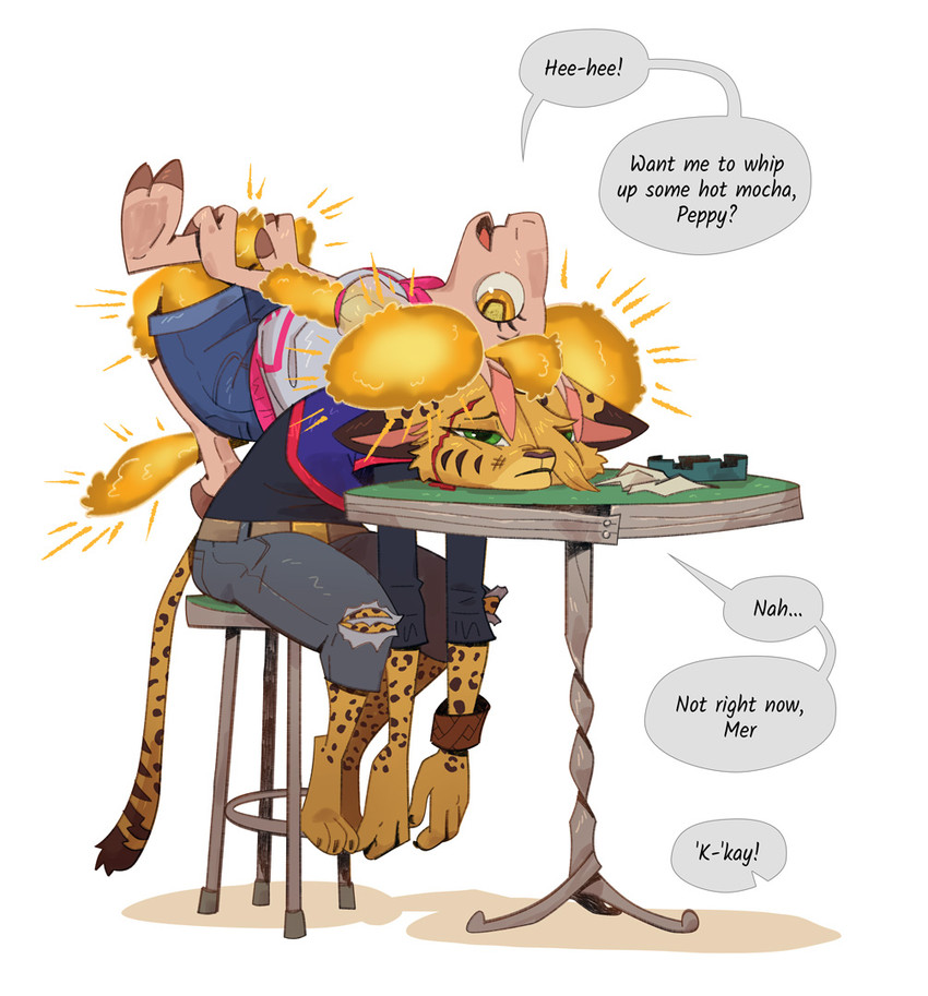 3_toes anthro bar_stool barefoot belt biped blood bodily_fluids bottomwear bracelet chair claws clothed clothed_anthro clothed_female clothing cloven_hooves denim denim_bottomwear denim_clothing denim_shorts duo emanata eyebrows eyelashes feet female female_anthro finger_claws fingers fully_clothed fully_clothed_anthro fully_clothed_female fur furniture glowing glowing_body glowing_fur green_eyes half-closed_eyes hoodie hooved_fingers hooved_plantigrade hooved_toes hooves iris jeans jersey jewelry linked_speech_bubble long_sleeves long_tail looking_at_another lying lying_on_another markings narrowed_eyes on_back on_chair on_table open_mouth open_smile pants paws philtrum pink_body plantigrade pupils shirt shorts simple_background sitting slumped smile snout soles speech_bubble spots spotted_body spotted_fur stool striped_markings stripes table tail text tired toe_claws toes topwear torn_bottomwear torn_clothing torn_jeans torn_pants yellow_body yellow_eyes yellow_fur ruffu pepper_in_the_sandbox merina_(ruffu) pepper_(ruffu) bovid caprine domestic_sheep felid feline mammal merino_sheep serval sheep digital_drawing_(artwork) digital_media_(artwork) english_text