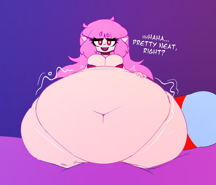 belly belly_inflation beverage big_belly big_breasts bra breasts cleavage clothed clothing dialogue fangs female hair huge_belly huge_thighs humanoid_pointy_ears hyper hyper_belly hyper_thighs inflation kneeling liquid_inflation looking_at_viewer navel not_furry obese obese_female obese_humanoid open_mouth overweight overweight_female overweight_humanoid pink_hair pointy_ears red_eyes smile soda soda_inflation solo teeth text thick_thighs underwear wide_hips mysterydad elise_(mysterydad) humanoid vampire hi_res