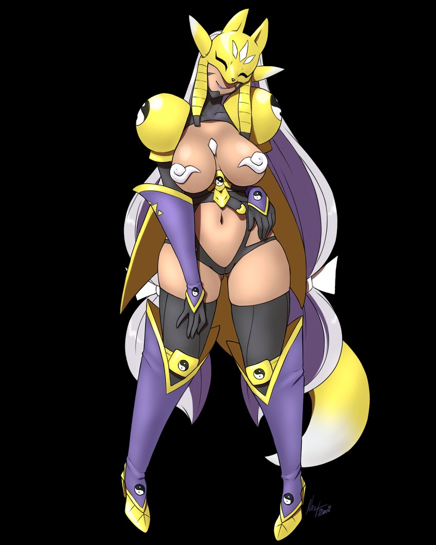 belt big_breasts boots breasts clothing female footwear fox_ears gloves handwear headdress high_heeled_boots high_heels legwear leotard pasties shoes shoulder_pads solo stockings tail tan_body twintails_(hairstyle) yin_yang furball bandai_namco digimon animal_humanoid canid canid_humanoid canine canine_humanoid digimon_(species) fox_humanoid humanoid mammal mammal_humanoid sakuyamon 4:5 alpha_channel hi_res