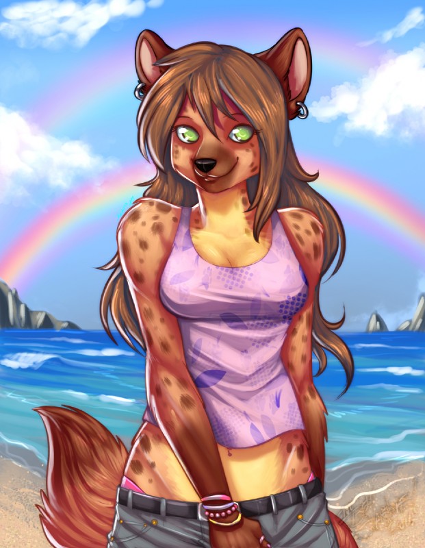 anthro beach clothed clothing cloud detailed_background double_rainbow ear_piercing female green_eyes jewelry looking_at_viewer outside piercing rainbow sand sea seaside shirt sky smile solo tail topwear underwear water ivybeth saetia hyena mammal spotted_hyena hi_res