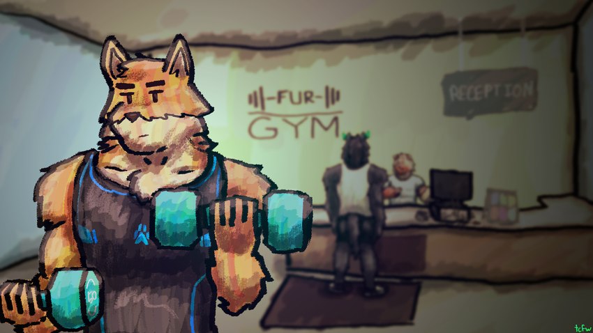 anthro athletic_wear clothed clothing exercise fur group gym male muscular muscular_male text workout chazthewolf allen_(takemoto_arashi) otake taz_(chazthewolf) canid canine canis demon domestic_dog hybrid hyena mammal 16:9 2024 digital_media_(artwork) english_text hi_res signature widescreen