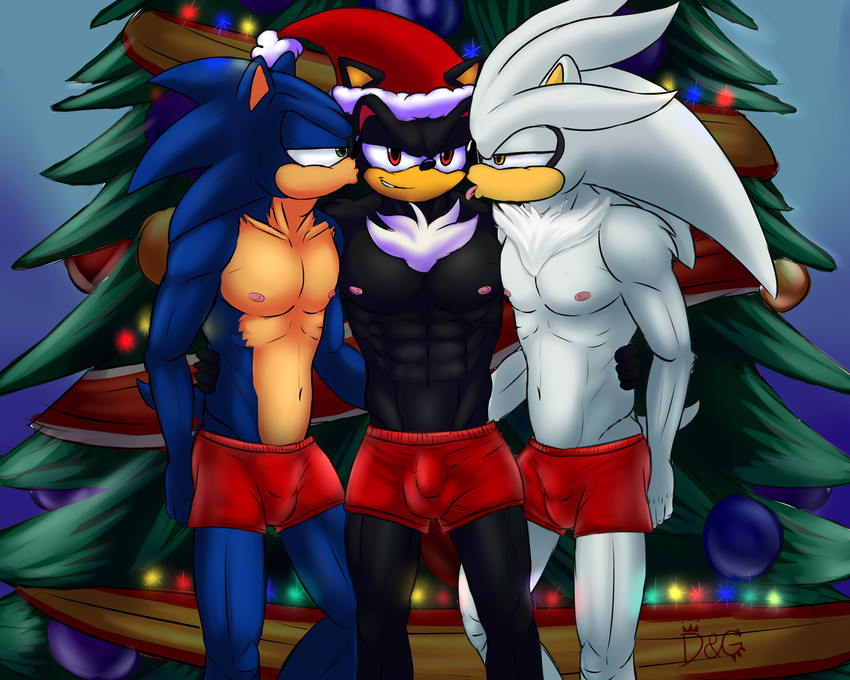 anthro black_body black_fur blue_body blue_fur bottomwear bulge christmas_tree clothing fur grey_body group holidays kissing licking male male/male muscular muscular_male plant shorts smile tongue tongue_out tree trio white_body white_fur dgemporium christmas sega sonic_the_hedgehog_(series) shadow_the_hedgehog silver_the_hedgehog sonic_the_hedgehog eulipotyphlan hedgehog mammal 5:4 hi_res