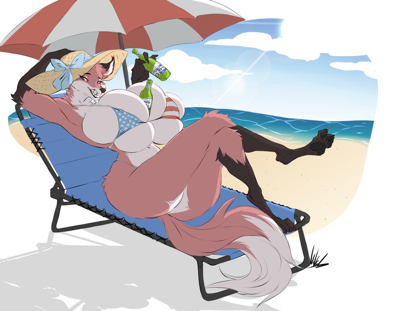 anthro beach beer_bottle big_breasts bikini bikini_bottom bikini_top black_body black_fur bottle breasts butt clothing container female fur grin half-closed_eyes hat headgear headwear huge_breasts lawn_chair narrowed_eyes orange_body orange_fur smile solo sun_hat swimwear two-piece_swimsuit white_body white_fur dullvivid canid canine fox mammal 4:3 absurd_res hi_res