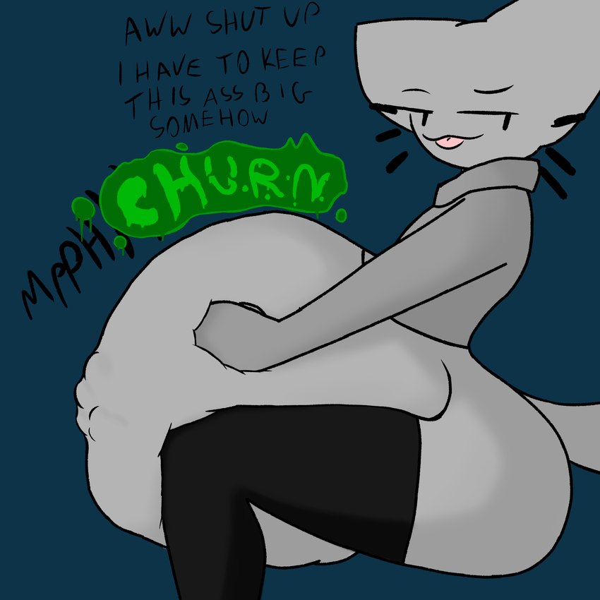 :3 ambiguous_anthro ambiguous_gender ambiguous_pred ambiguous_prey anthro anthro_pred belly belly_squish big_belly big_butt biped black_clothing black_eyebrows black_legwear black_text black_thigh_highs blep blue_background bodily_noises butt churn closed_smile clothed clothing dialogue digestion digestion_noises exposed_belly eyebrows floating_whiskers fully_inside fur green_text grey_belly grey_body grey_butt grey_clothing grey_ears grey_face grey_fur grey_sweater grey_tail grey_topwear hand_imprint hand_on_belly hand_on_own_belly huge_belly imprint legwear long_sleeves looking_aside looking_well-fed monotone_background monotone_belly monotone_body monotone_butt monotone_clothing monotone_face monotone_fur monotone_legwear monotone_sweater monotone_tail monotone_thigh_highs monotone_topwear mostly_clothed_ambiguous mostly_clothed_anthro mouth_closed muffled narrowed_eyes no_underwear onomatopoeia pointy_ears prick_ears rumbling_stomach same_size_vore shut_up side_view simple_background sitting sleeves_past_wrists smile smirk smirking_pred smug soft_vore solo sound_effects squish struggling struggling_prey stylized_text sweater tail talking_to_another talking_to_prey text thigh_highs tongue tongue_out topwear unseen_prey unwilling_prey vore vowelless vowelless_vocalization tcsrjx emily_(tcsrjx) domestic_cat felid feline felis mammal 1:1 2023 digital_drawing_(artwork) digital_media_(artwork) english_description english_text hi_res portrait shaded simple_shading soft_shading three-quarter_portrait female_(lore)