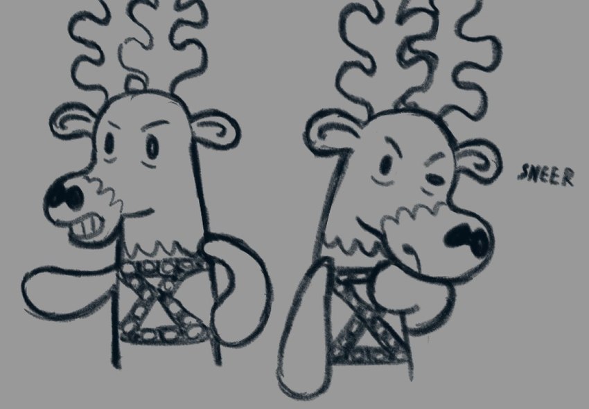 anthro antlers black_eyes frown harness horn male blurayluray olive_the_other_reindeer schnitzel_(olive_the_other_reindeer) deer mammal new_world_deer reindeer monochrome