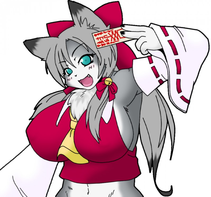 accessory anthro big_breasts blush bow_(feature) bow_accessory bow_ribbon breasts chest_tuft female fur green_eyes grey_body grey_fur grey_hair hair hair_accessory hair_bow hair_ribbon looking_at_viewer open_mouth ribbons simple_background solo tuft white_background white_body white_fur kurube domestic_cat felid feline felis mammal