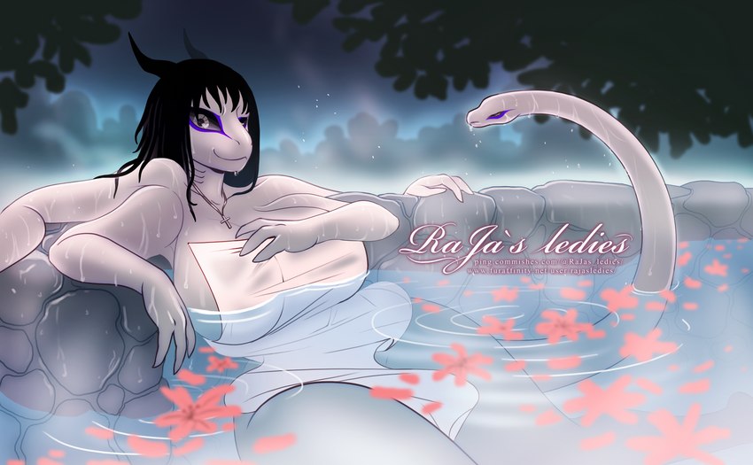 3_fingers 4_arms anthro bathing big_breasts black_horn black_sclera breasts cross cross_necklace dark_hair eye_markings female fingers forest gills grey_body grey_scales horn hot_spring jewelry living_tail looking_at_viewer markings multi_arm multi_limb necklace non-mammal_breasts plant reclining scales smile snake_tail solo spring steam tail thick_thighs towel tree unusual_anatomy unusual_tail water wide_hips rajas_ledies mythology peridoc dragon mythological_creature mythological_scalie reptile scalie snake absurd_res hi_res