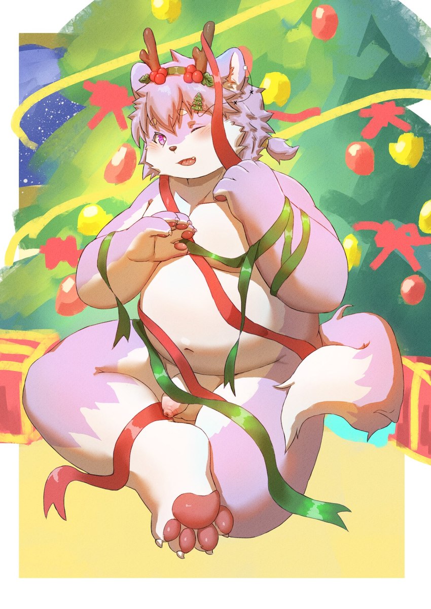 4_fingers 4_toes anthro balls blush chirstmas_tree claws crossed_legs fake_antlers fake_horns feet fingers flaccid fur genitals hair happy humanoid_genitalia humanoid_penis inside male moobs navel nude_male one_eye_closed overweight overweight_male pawpads penis pink_body pink_fur pink_hair purple_eyes solo tail tied_hair toes white_body white_fur young young_anthro young_male tingcunzhang111 mammal 2023 hi_res