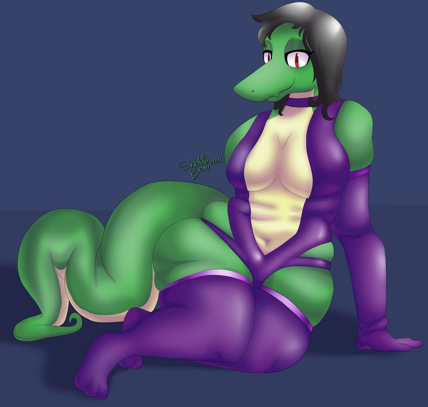 anthro big_butt breasts butt clothed clothing female non-mammal_breasts serpentine simple_background solo thick_thighs wide_hips snekkobean amy_alethino reptile scalie slitherspawn snake absurd_res hi_res