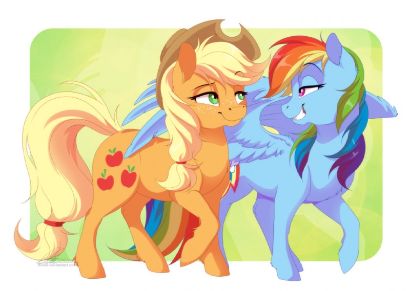 blonde_hair blue_body blue_feathers blue_fur cutie_mark duo feathered_wings feathers female feral fur green_eyes hair hooves multicolored_hair orange_body orange_fur rainbow_hair simple_background smile standing wings dvixie friendship_is_magic hasbro my_little_pony mythology applejack_(mlp) rainbow_dash_(mlp) equid equine mammal mythological_creature mythological_equine pegasus 2018 digital_media_(artwork) unavailable_at_source