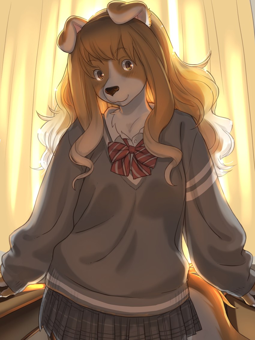 anthro asian_clothing clothed clothing east_asian_clothing female female_anthro hair inside japanese_clothing japanese_school_uniform kemono long_hair ribbons school_uniform solo uniform kikurage inukoro_(kikurage) koriyama_meiko canid canine canis domestic_dog mammal 3:4 hi_res