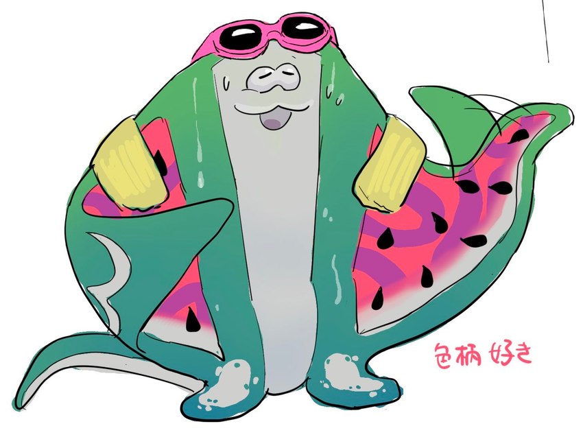 :3 anthro bodily_fluids eyewear eyewear_on_head fanning fanning_self male solo sunglasses sunglasses_on_head sweat watermelon_pattern saba_subdup nintendo splatoon big_man_(splatoon) fish manta_ray marine ray_(fish) stingray