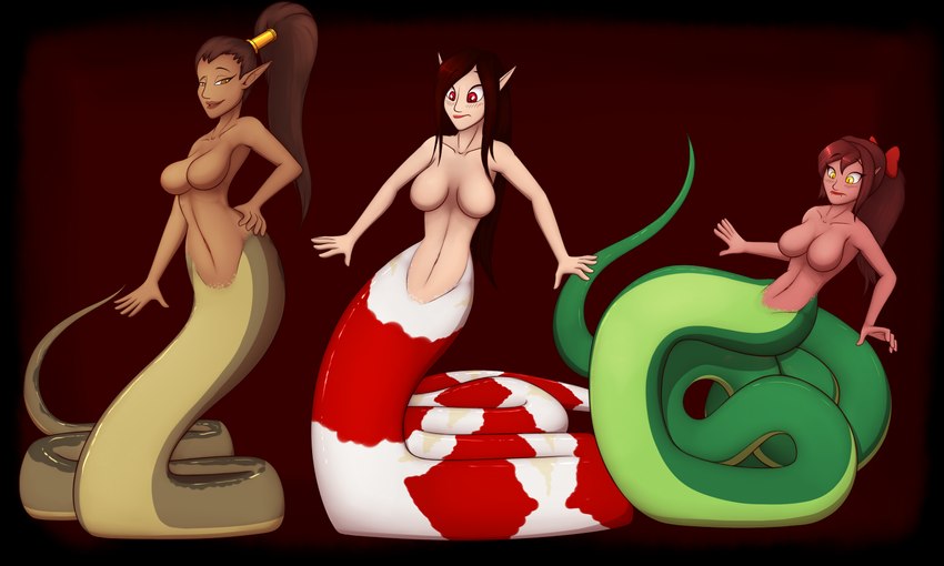 accessory after_transformation apode balancing black_border blush border bow_ribbon breasts brown_body brown_eyes brown_hair brown_skin countershade_tail countershading fangs featureless_breasts female front_view green_body green_countershading group hair hair_accessory hair_bow hair_ribbon hand_on_hip hand_on_own_hip humanoid_pointy_ears legless markings navel nude open_mouth pointy_ears pupils red_background red_eyes red_markings ribbons serpentine side_view simple_background slit_pupils smile split_form standing striped_markings striped_tail stripes tail tail_markings tan_body teeth trio white_body white_markings white_skin yellow_eyes tomek1000 chess_(chesshire) tomek1000_(character) draconcopode humanoid lamia reptile scalie snake 2021 5:3 colored shaded
