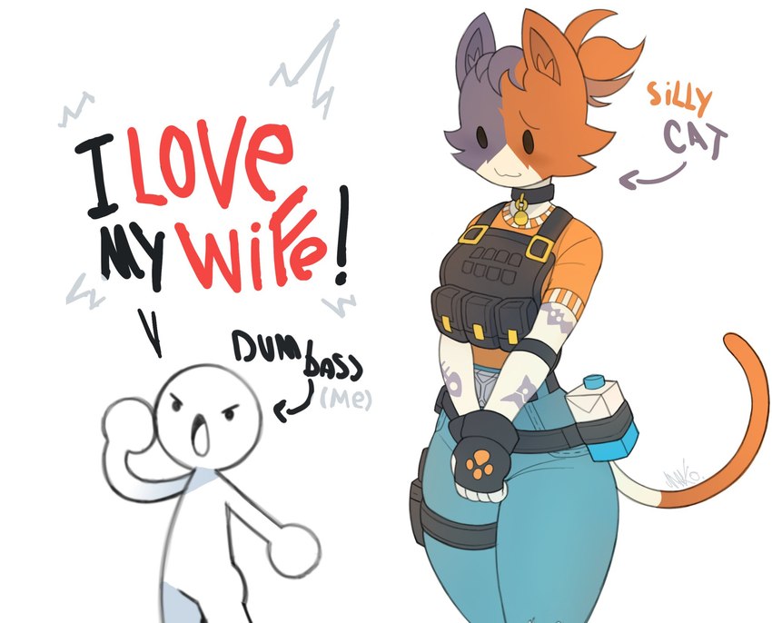 :3 anthro arm_tattoo bottomwear bulletproof_vest clothing collar denim denim_bottomwear denim_clothing dialogue duo female fingerless_gloves gloves handwear jeans male pants simple_background solo tattoo text thick_thighs white_background markodrawcoisas epic_games fortnite cate_meowdy calico_cat domestic_cat felid feline felis human mammal 2025 english_text hi_res