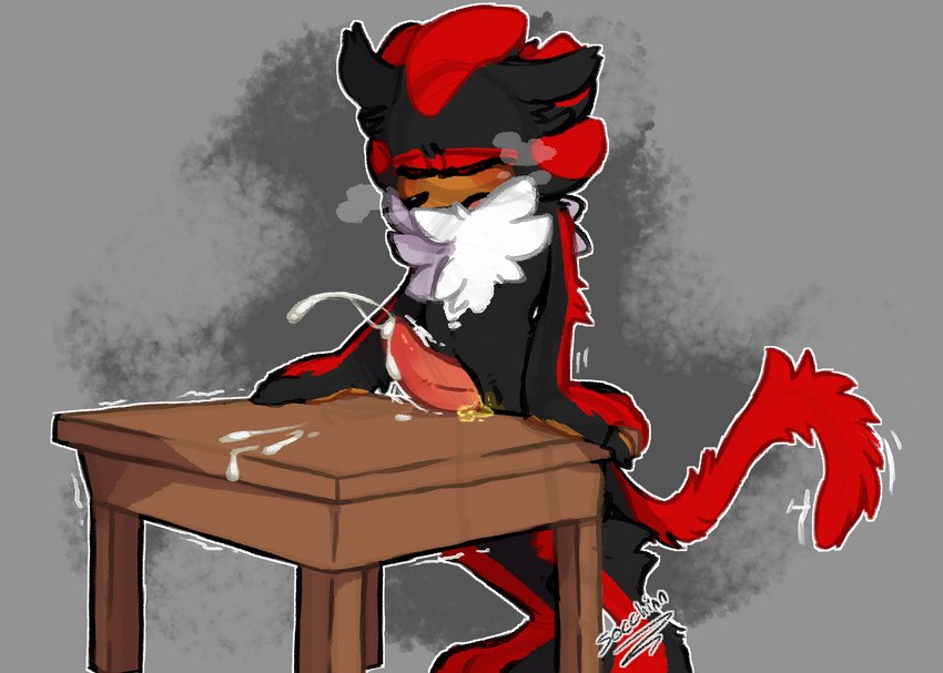 anthro big_penis black_body black_fur bodily_fluids breath cum cum_on_table cumshot ears_down ejaculation eyes_closed fur genital_fluids genitals gripping_table long_ears long_tail male neck_tuft panting penis pivoted_ears solo table_humping tail tuft socchinn sega sonic_the_hedgehog_(series) shadow_the_hedgehog alien alien_humanoid eulipotyphlan hedgehog humanoid hybrid mammal full-length_portrait guide_lines hi_res portrait signature