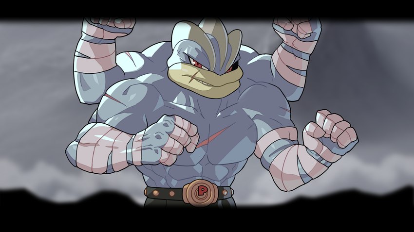 4_arms 5_fingers abs arm_scar arm_wraps biceps black_sclera blurred_background chest_scar clothed clothing finger_wraps fingers looking_at_viewer male mouth_scar multi_arm multi_limb muscular muscular_male not_furry pecs red_eyes scar shoulder_scar solo teeth topless wraps wrist_wraps drunk_oak nintendo pokemon generation_1_pokemon humanoid machamp pokemon_(species) 16:9 2022 hi_res widescreen