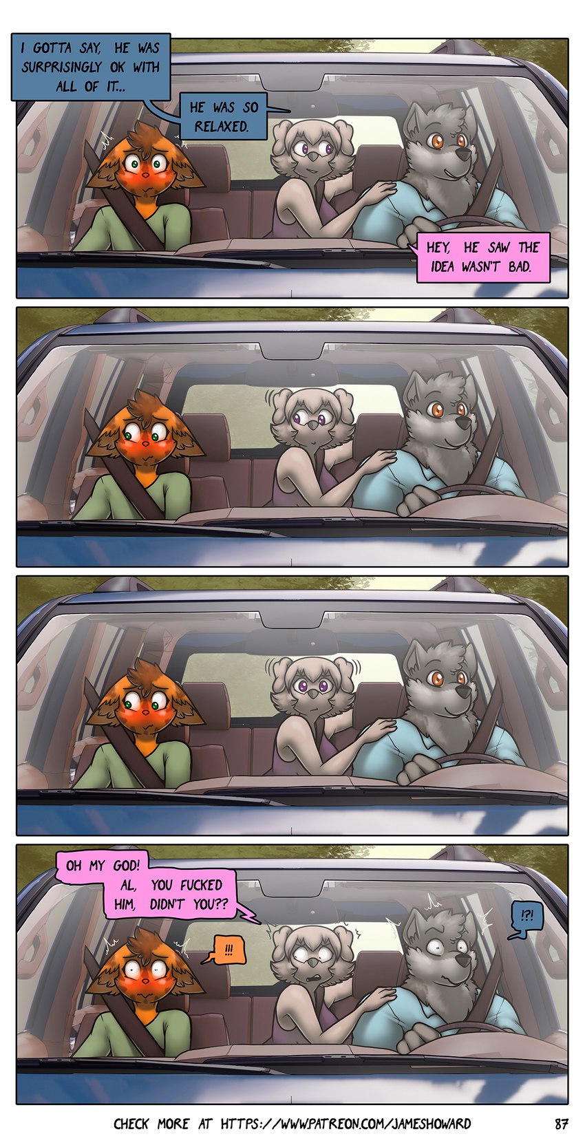 anthro blush car dialogue driving female group male profanity text trio vehicle james_howard patreon alphonse_(james_howard) jill_(james_howard) richard_(james_howard) canid canine canis domestic_cat domestic_dog felid feline felis mammal wolf comic english_text hi_res url