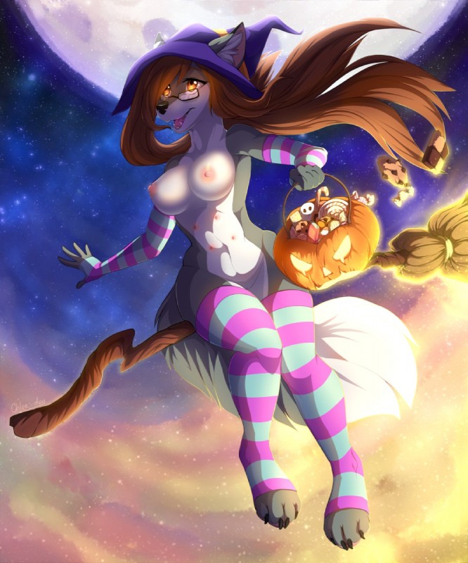 amber_eyes anthro basket breasts broom broom_riding candy cleaning_tool clothing container dessert eyewear female flying food genitals glasses hat headgear headwear holidays legwear magic_user moon multi_nipple night nipples outside pussy solo stockings witch witch_hat chloe-dog halloween garr canid canine canis mammal wolf 2016 digital_media_(artwork) hi_res shaded