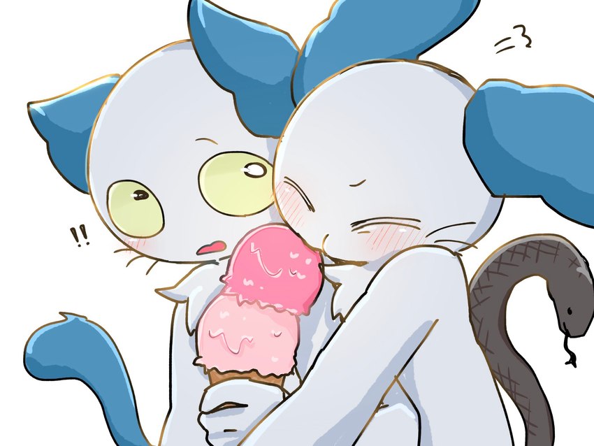 blue_body blue_ears blue_fur blush dessert duo eyes_closed food fur holding_food holding_object ice_cream living_tail snake_tail tail unusual_anatomy unusual_tail yellow_sclera sasamiiiiiiiu neko_no_teach-kun oyasaioni9 sam_(neko_no_teach-kun) teach domestic_cat felid feline felis lagomorph leporid mammal rabbit reptile scalie snake hi_res