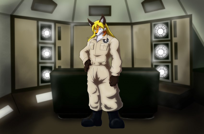 4_fingers anthro blonde_hair boots chair clothing eyewear fingers footwear fur furniture glasses hair jumpsuit laboratory logo looking_at_viewer male multicolored_body multicolored_fur muscular muscular_anthro orange_body orange_fur parody shoes solo symbol two_tone_body two_tone_fur white_body white_fur work_boots work_clothes mighty_creation lost_(series) fan_character canid canine fox mammal 2015 alternate_version_at_source